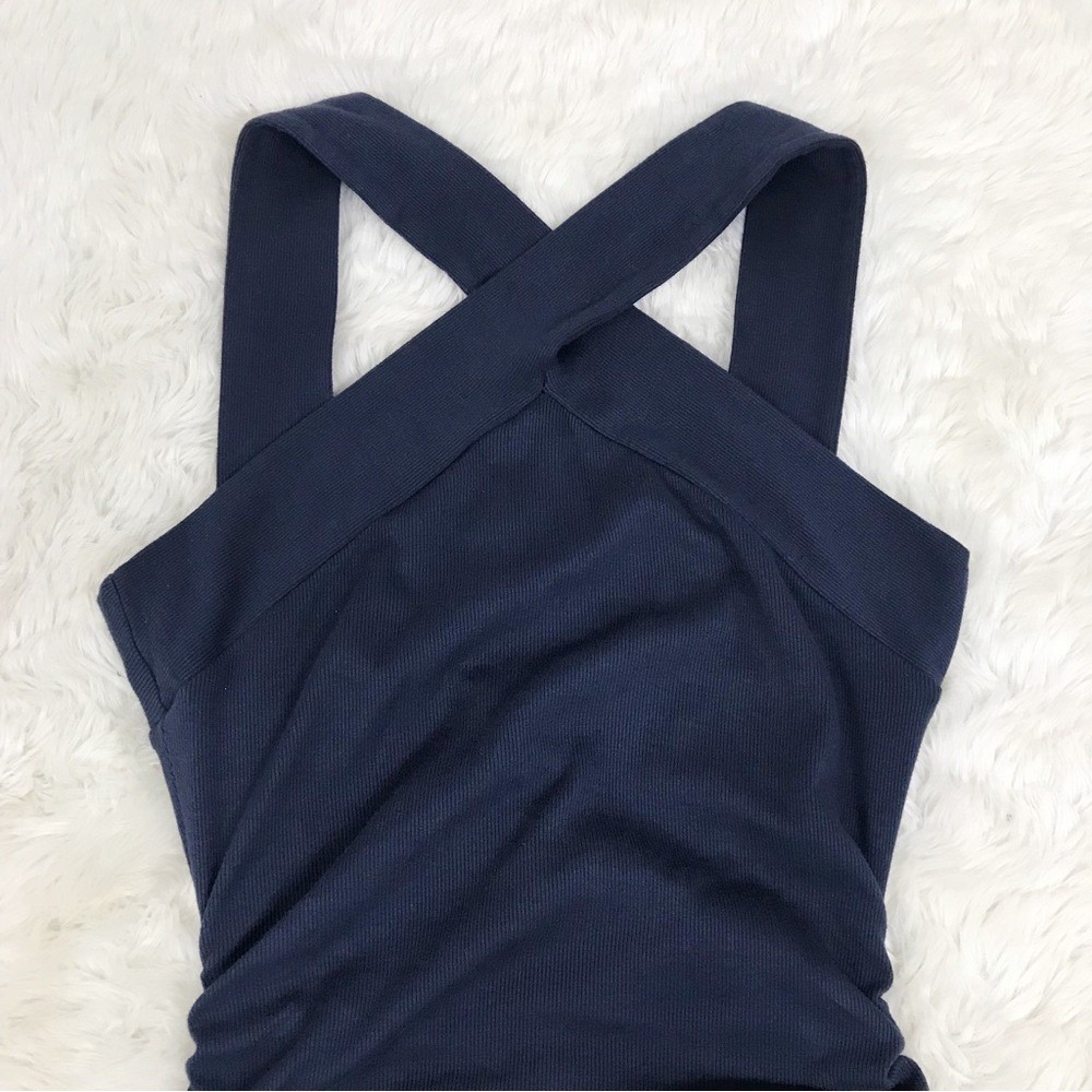 MICHAEL STARS Opaline Midi Dress Medium Navy Blue Bodycon Halter Ruched Ribbed - Picture 3 of 10